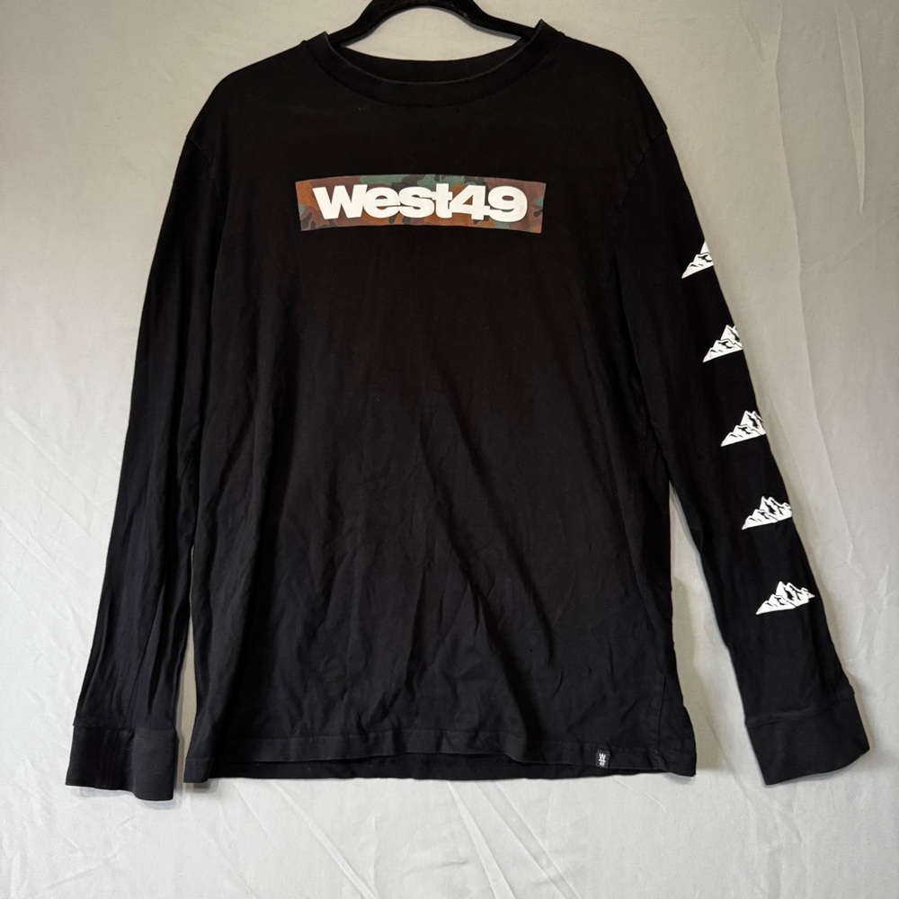 West 49 Mens Long Sleeve Tee Size Medium Black Camo Logo Skater Grunge Read